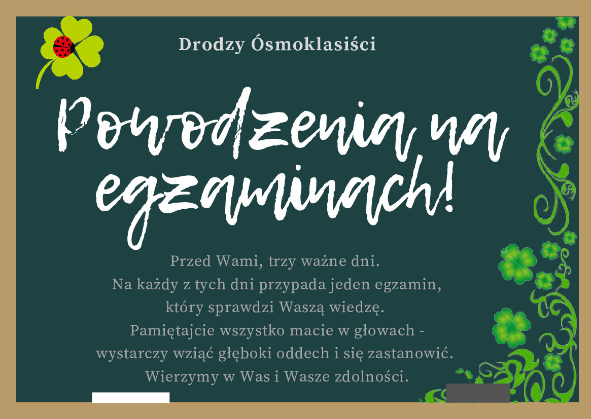 Ciemno zielona kartka z ilustracją tablicy szkolnej z życzeniami szczęścia i powodzenia 1 